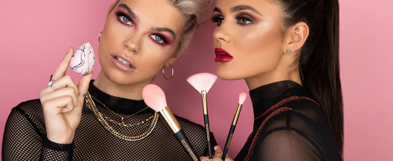 Killer Impression - All Products Collection featuring two girls, makeup brushes and sponge